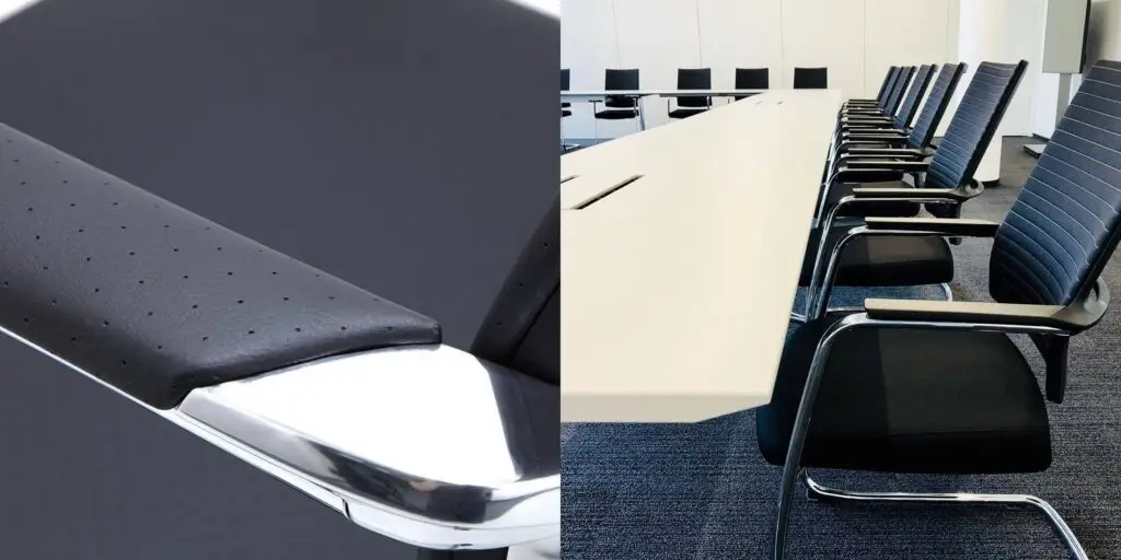 Flotte mødestole fra Kohl med læder betrukket armlæn, fås i forskellig tekstil